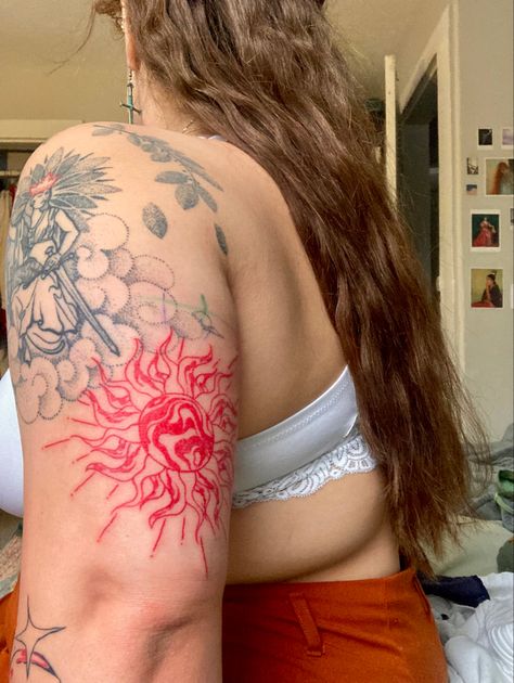 Red Ink Abstract Tattoo, Red Arm Sleeve Tattoo, Red Flower Sleeve Tattoo, Red Tattoo Over Black, Flaming Sun Tattoo, Red Abstract Tattoo, Red Ink Shoulder Tattoo, All Red Tattoo Sleeve, Red And Blue Ink Tattoo