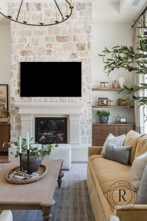 Mantel Over Stone Fireplace, Fireplace With Cutouts On Side, 20ft Fireplace Wall, Neutral Stone Fireplace, European Farmhouse Fireplace, Stone Fireplace With White Mantle, Stone Fireplace With Tv, Bright Airy Kitchen, Fireplace Refacing