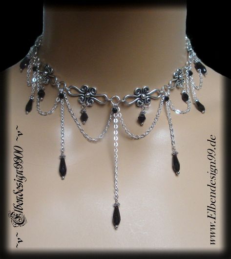 A very noble gothic style choker, which, like all my jewelry, was made with great care and attention to detail. The necklace was made from silver-plated metal ornaments & black faceted glass beads. The chain is adjustable from approx. 35 cm-45 cm, a black drop hangs on the extension chain Diy Goth Jewelry, Gothic Victorian Wedding, Victorian Wedding Jewelry, Black And Silver Jewelry, Victorian Gothic Wedding, Gothic Necklaces, Gothic Jewelry Diy, Victorian Gothic Jewelry, Wedding Jewelery