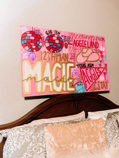 Fun Dorm Paintings, Tamu Canvas Painting, Texas Tech Preppy Painting, College Painted Canvas, Preppy Artwork Ideas, Texas Painting Ideas On Canvas, Yee Haw Painting, College Dorm Canvas Art, Texas A&m Painting