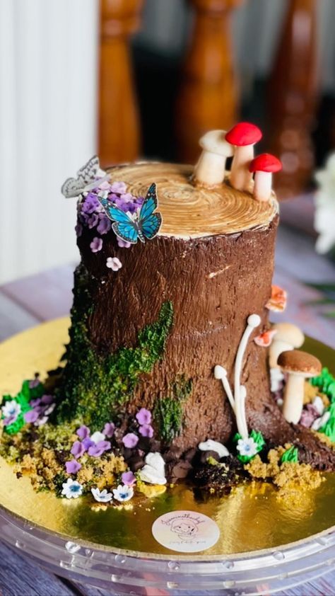 Fondant Mushrooms, Cottage Core Cake, Indie Birthday, Stump Cake, Tree Stump Cake, Mushroom Cake, Meat Cake, Enoki Mushrooms, 9th Birthday Cake