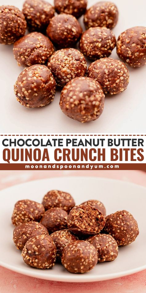 Irresistible chocolate peanut butter quinoa crunch bites packed with nutrient-dense ingredients. Perfect for a healthy snack or dessert! Quinoa Energy Balls, Popped Quinoa Crunch Bars, Quinoa Snack Recipes, Nutrient Dense Snacks, Quinoa Dessert, Quinoa Dessert Recipes, Peanut Butter Quinoa, Quinoa Desserts, Quinoa Balls