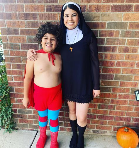 Nacho Libre and Sister Encarnacion Halloween costume ❤️ Nacho Libre And Nun Costume, Mexican Halloween Costume Couple, Mexican Couple Costume Ideas, Nacho Libre Costume Couple, Hispanic Halloween Costumes, Latina Halloween Costumes, Mommy Baby Halloween Costumes, Nacho Libre Costume, Mexican Halloween Costume