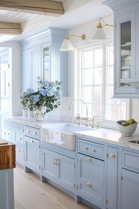 Light Blue House Interior Design, Light Blue White Kitchen, Grandmillennial Kitchen, Powder Blue Kitchen, Blue Interiors, Bridgerton Home Aesthetic, Blue House Aesthetic, Beautiful Homes Interior, Light Blue Kitchen Cabinets