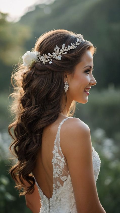 Discover the latest trends in bridal hairstyles for straight long short and curly hair including bangs veils messy crown and easy medium length styles From elegant updos to simple braided looks find the perfect 'do for your special day Wedding Hair Styles For Medium Length, Bridal Wedding Hair With Veil, Bridal Hair Down Medium Length, Short And Curly Hair, Wedding Hair Bride, Medium Length Styles, Bridal Updo With Veil, Cute Curls, Straight Long Hair