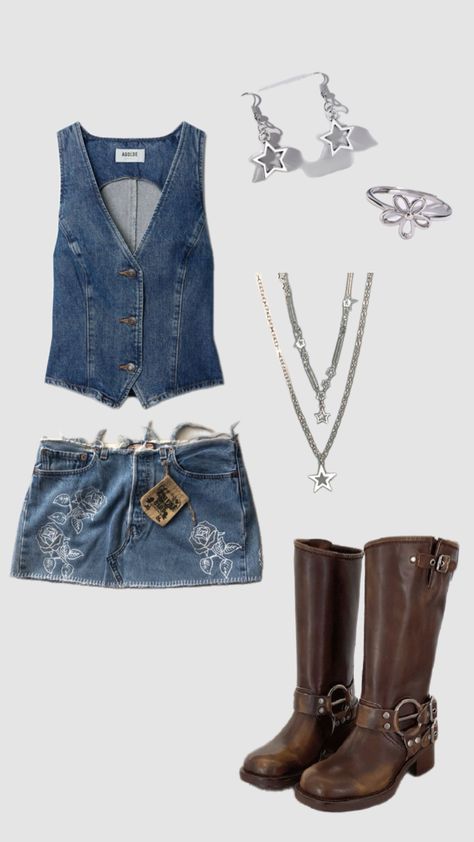 music festival outfit inspo; boston calling outfit inspo; denim on denim; denim vest; denim skirt; cowboy boots; country outfit #musicfestival #cowboyboots #cowboyaesthetic #jeansoutfit #denimskirt Denim Skirt Cowboy Boots, Skirt Cowboy Boots, Boston Calling, Festival Outfit Inspo, Vest Denim, Country Outfit, Boots Country, Cowboy Aesthetic, Denim On Denim