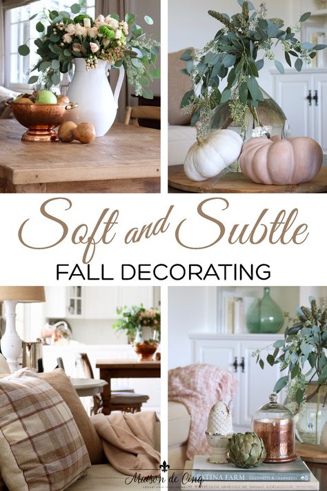 Soft & Subtle Fall Decorating in the Family Room! Blush, Copper, and Pears Create Subtle Fall Decor--->#maisondecinq #falldecor #falldecorating #falldecoratingideas #autumndecor #autumndecorating #fallflowers #fallblooms #decoratingwithflowers #decoratingwithcopper #copper #pumpkins #whitepumpkins #familyroomdecor #familyroom #farmhousestyle #frenchfarmhouse #frenchcountry #countryfrench Fall Decor French Country, Fall Decor Family Room, Fall Decor For Grey Living Room, French Country Fall Decor, Decorating Family Room, Subtle Fall Decor, Fall Decor Living Room Cozy, Fall Vignettes, Diy Fall Decor