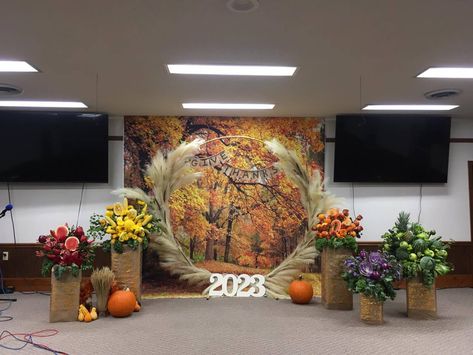 Fall Church Decorations, Stage Photo, Church Decorations, Falls Church, Jesus Art, Church Decor, Thanksgiving Decor, Stage Design, Thanksgiving Decorations