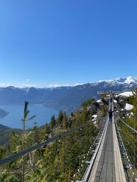 snowy vancouver mountains suspension bridge sea to sky gondola view Sea To Sky Gondola Vancouver, Sea To Sky Gondola, Suspension Bridge, Gap Year, Canada Travel, Mountain View, Vancouver, Bridge, New Zealand