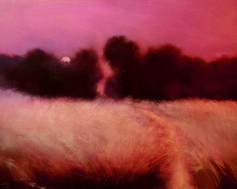 A summer evening when the pink moon rises in Provence. 'Pink Moon is on its Way' by John O'Grady #smallpainting #pink #nocturne Oil Painting Moon, Yellow Ledbetter, Night Paintings, Wild Landscape, Painting Moon, The Sound Of Waves, Monochrome Art, Pink Painting, Abstract Landscapes