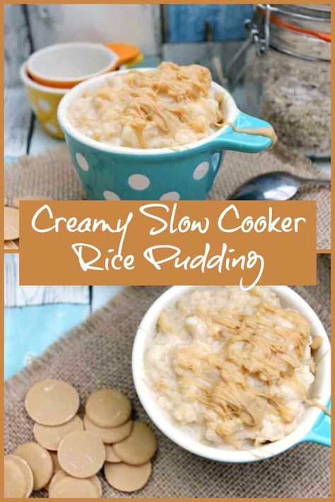 Creamy Slow Cooker Rice Pudding - rich and creamy rice pudding with Caramac (caramel white chocolate) buttons, the best comfort food this winter. Slow Cooker Rice Pudding Creamy, Slow Cooker Puddings, Crockpot Rice Pudding, Slow Cooker Rice Pudding, Slow Cooker Cake, Crockpot Cake, Crockpot Desserts, Slow Cooker Rice, Thermal Cooker