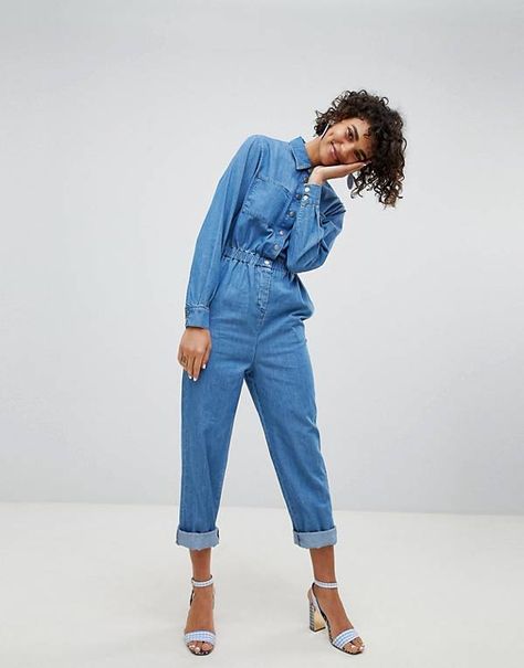 ASOS DESIGN denim utility jumpsuit in blue Denim Utility Jumpsuit, Utility Jumpsuit, Solid Jumpsuit, Denim Day, Online Mens Clothing, Playsuit Romper, Clothing Essentials, Mode Online, Jumpsuit Fashion