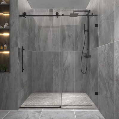 This frameless sliding shower door with a modern, elegant design and a striking look, will be the ultimate solution for your shower project. In addition, top rail support and side hinges can better to make the door more stably and slide smoothly. This shower door features a modern marriage of crystal clear, glass panels with stainless steel hardware finished in three kinds of beautiful colors. Step into a stunning oasis every time you shower! Finish: Black | ExBrite 56" - 60" W x 74" H Sliding F Shower Sliding Glass Door, Frameless Sliding Shower Doors, Frameless Shower Door, Bathtub Doors, Tub Doors, Frameless Shower Doors, Sliding Shower Door, Frameless Shower, Glass Shower Doors