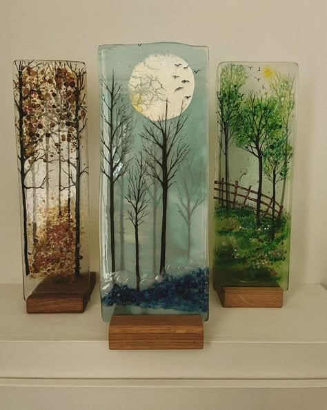 These pieces will be on display at the NOS Spring Open exhibition at Lamport Hall. February 10th/11th and 17th/18th 10am to 4pm.… | Instagram Fused Glass Birch Trees, Fused Glass Stands, Glass Slumping Ideas, Infused Glass Ideas, Fused Glass Landscapes, Fused Glass Trees, Glass Fusing Projects Tutorials, Fused Glass Patterns, Kiln Glass Art