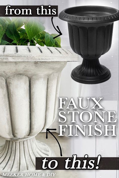 Making Plastic Pots Look Like Stone, Faux Stone Pots Diy, Make Plastic Pots Look Like Stone, Urn Planters Ideas, Stone Spray Paint Planter, Diy Stone Planter, Faux Stone Planter, Stone Planter, Diy Urn Planter