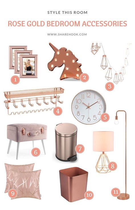 Gold Bedroom Accessories, Rose Gold Bedroom Accessories, Room Decor Bedroom Rose Gold, Rose Gold Bedroom Decor, Rose Gold Room Decor, Rose Gold Rooms, Rose Gold Bedroom, Teenage Room Decor, Gold Room Decor