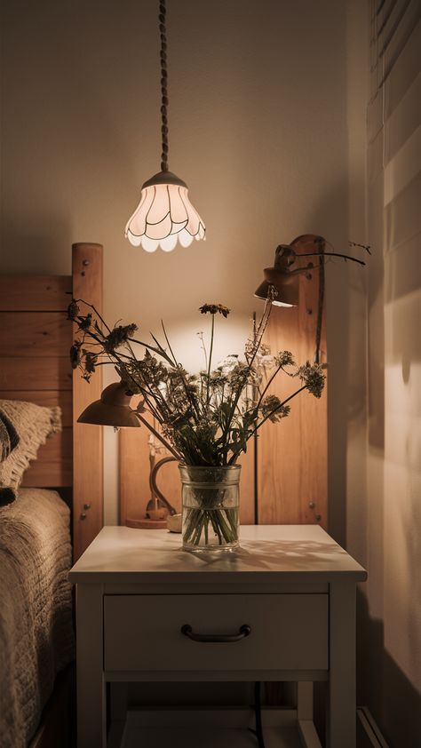 Infuse your bedroom with the serene beauty of wildflowers delicately arranged on a sleek KNARREVIK bedside table. Paired with a minimalist MALM bedframe and a whimsical SINNERLIG pendant lamp, this space embodies tranquility and coziness. The warm bedside lamps create a gentle glow, perfect for winding down after a long day. Discover how to bring nature indoors and transform your personal sanctuary into a peaceful retreat. Click to explore more styling tips! #BedroomInspo #IKEAStyle #WildflowerDecor Malm Bedframe, Sinnerlig Pendant, Ikea Style, Wildflower Decor, Bring Nature Indoors, Bedside Lamps, Nature Indoors, Bedside Lamp, Bedroom Inspo