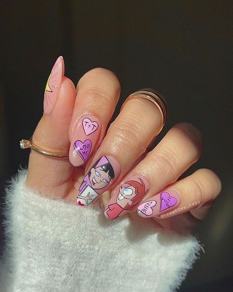 Showcase your playful side with these adorable Valentine's Day nails, featuring cute cartoon illustrations that bring out the sweet and whimsical side of love. Whether you're a fan of animation or just looking to add a fun twist to your Valentine's aesthetic, these nails will capture hearts. If you want more FREE Valentine's Day Nails ideas click in this post or in our profile. Credits: creative_tayy (Instagram) Bugs Bunny Valentine Nails, Valentines Nails Cartoon, Cartoon Valentines Day Nails, Valentines Day Character Nails, Valentine Cartoon Nails, Cartoon Valentines Nails, Character Valentines Nails, Character Art Nails, Jessica Rabbit Nails