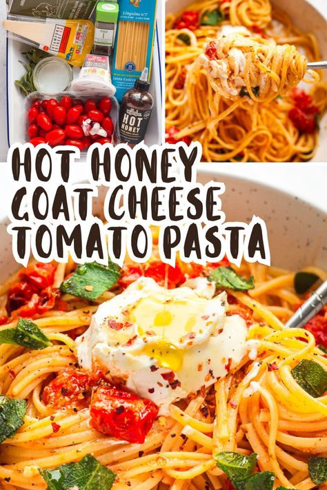 If you're looking for hot honey recipe ideas, look no further! This vegetarian pasta is easy to make but fun and surprising, tossed with roasted cherry tomatoes and topped with creamy goat cheese and a generous drizzle of hot honey and crispy sage. Perfect for a simple meatless midweek date night at home. Hot Honey Pasta, Honey Pasta, Hot Honey Recipe, Recipe Ingredients List, Goat Cheese Pasta, Creamy Goat Cheese, Roasted Cherry, Whipped Feta, Roasted Cherry Tomatoes