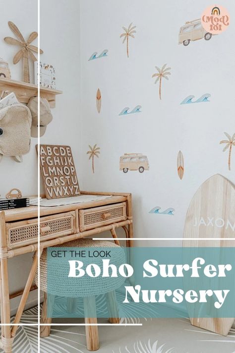 Surfer Toddler Room, Surf Toddler Room, Retro Beach Nursery, Vintage Surf Nursery, Coastal Cabin Interior, Boho Surfer Nursery, Surfer Theme Nursery, Surfing Theme Nursery, Cb2 Nursery