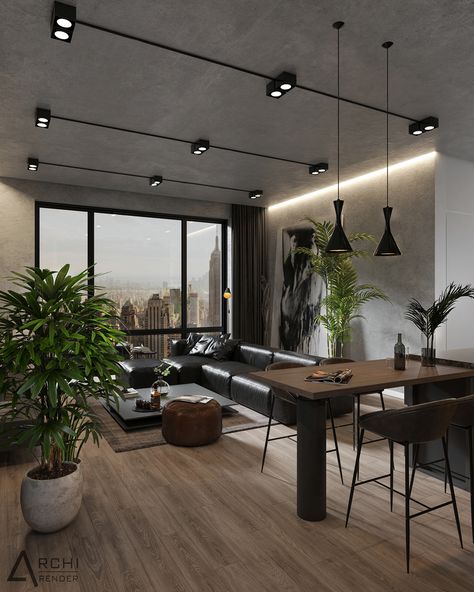 Modern Industrial Living Room, Modern Apartment Living Room, Condo Interior Design, Condo Living Room, Minimal Living Room, Industrial Home Design, Dark Living Rooms, Condo Interior, Luxury Living Room Design