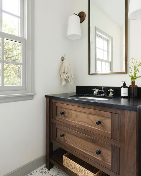 All posts • Instagram Jkath Design, Dark Counters, Dark Wood Bathroom, Custom Bathroom Vanity, Dark Countertops, Dark Bathrooms, Black Countertops, Wood Bathroom Vanity, Bathroom Design Trends