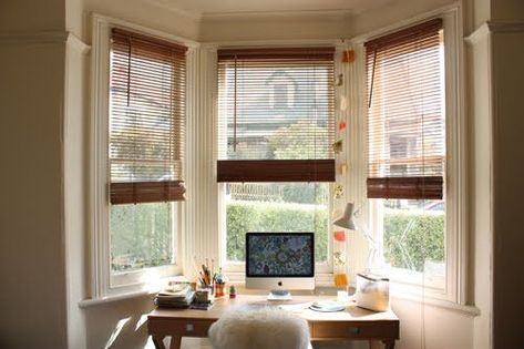 Desk in front of Bay Window: Bays Windows Desks, Homes Offices ... How To Decorate A Bay Window, Bay Window Bedroom Ideas, Bay Window Desk, Decorating A Bay Window, Small Bay Window, Bay Window Decorating Ideas, Window Decorating Ideas, Bay Window Bedroom, Apartment Furniture Layout