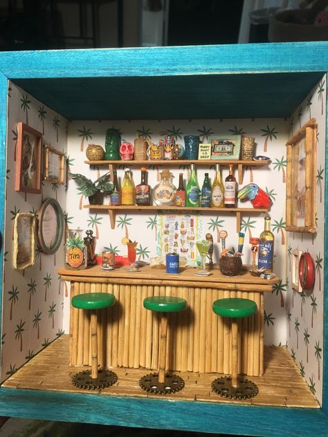 At Home Tiki Bar, Miniature Tiki Bar, Mini Tiki Bar, Memory Lanterns, Barbie Bar, Tiki Bars Diy, Home Tiki Bar, Dollhouse Bar, Miniature Bar