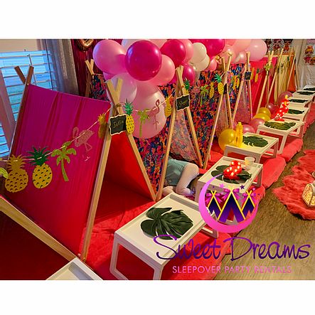 Sleepover Party Rentals | Sweet Dreams Party Rentals | Tent Themes Sleepover Party Theme Ideas, Tropical Sleepover, The Ultimate Sleepover, Slumber Party Decorations, Wiggle Worm, Ultimate Sleepover, Birthday Party Rentals, Glamping Birthday Party, Sleepover Tents