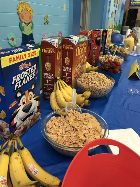 Cereal Bar: Staff Breakfast Baseball Theme Baseball Themed Breakfast, Breakfast Ideas For Staff Meetings, Cereal Bar Party Ideas, Cereal Buffet Bar, Teacher Breakfast Ideas, Staff Breakfast Ideas, Staff Meeting Snacks, Cereal Bar Party, Cereal Themed Party