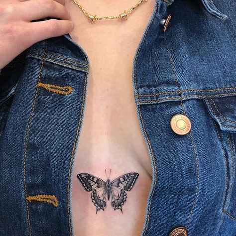 Butterfly Tattoo Sternum Chest Piece, Butterfly Tattoo In Between Breast, Butterfly Tattoo Between Breast, Butterfly Tattoo Chest, Butterfly Chest Tattoo, Swallow Tail Butterfly, Whimsical Tattoos, Butterfly Tattoos For Women, Leo Tattoos