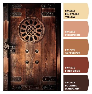 Paint colors from ColorSnap by Sherwin-Williams Copper Paint Colors, Dutch Colonial Exterior, Outdoor Paint Colors, Brown Paint Colors, Sherwin Williams Color Palette, Diy Shower Curtain, Orange Door, Copper Paint, Colonial Exterior