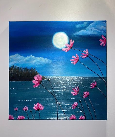 Moonlight Ocean Acrylic Painting, spring pink flowers, medium gloss coated, canvas art, original art Nature Painting Easy Simple, Colourful Flower Painting, Summer Paintings Easy, Spring Art Painting, Ocean Painting Acrylic, Pink Art Painting, Canvas Painting Nature, Ocean Acrylic Painting, Moonlight Ocean