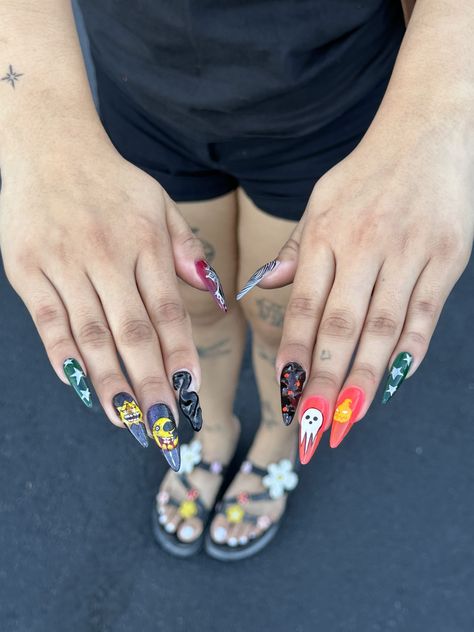 [las vegas nails, gel x artist, las vegas nail studio, trendy nails, nail design, aesthetic nails, y2k nails, 2024 nail trends, nail inspo, unique nails, maximalist nail designs, eclectic nails, hand-painted nails, freehand nail art, accepting new clients, gel x nails, gel nails] Soul Eater Nails, Nails Maximalist, Aesthetic Nails Y2k, Eclectic Nails, Nail Inspo Unique, Las Vegas Nails, Vegas Nails, Nails Y2k, Anime Nails