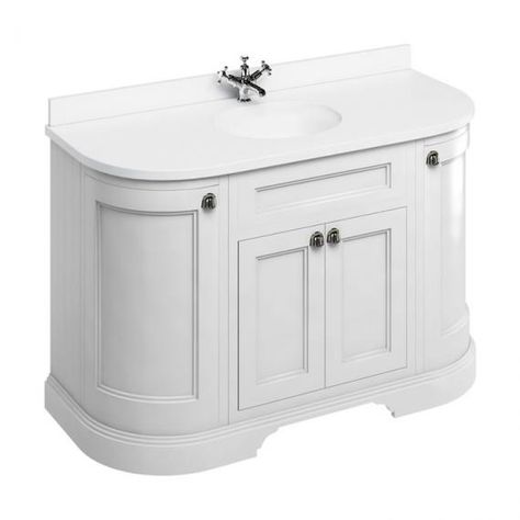 Burlington Matt White 1340mm Freestanding Curved Vanity Unit With Worktop & Basin | Victorian Bathrooms 4 U Burlington Furniture, Minerva Worktop, Curved Vanity, White Vanity Unit, White Worktop, Elegant Vanity, Freestanding Vanity Unit, Basin White, Inset Basin