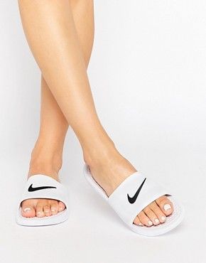 Nike White Benassi Pool Slider Flat Sandals Nike Sliders, Sliders For Women, White Sliders, Strappy Sandals Gladiators, White Flat Shoes, White Slip On Shoes, Nike Sandals, Trendy Swimsuits, Hello Fashion