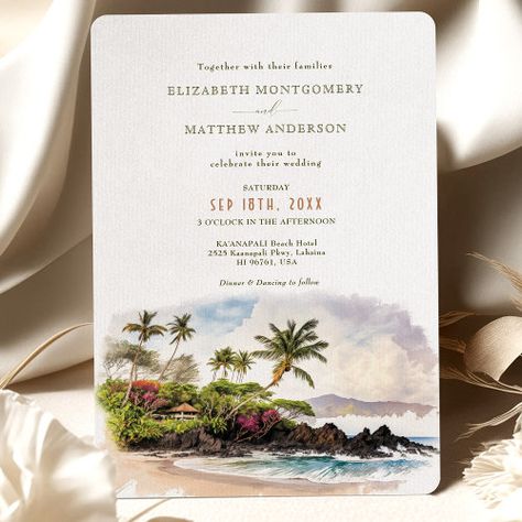 $4.14 | Maui Hawaii Beach Destination Wedding Invitation - maui hawaii wedding invitation, beachfront wedding invite, tropical garden wedding card, elegant hawaii stationery, modern beach wedding invitation, sophisticated maui invite, script font wedding invitation, essential details wedding card, romantic hawaii announcement card, summer ocean water palms Hawaii Wedding Invitations, Beach Destination Wedding Invitations, Save The Date Destination Wedding, Maui Hawaii Beaches, Planning 2024, Save The Date Destination, Tropical Backdrop, Popular Wedding Invitations, Rustic Wedding Save The Dates