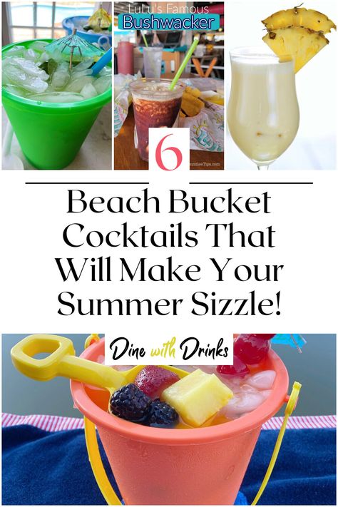 Collage of 4 beach bucket cocktails. Bucket Drinks Alcohol Party Ideas, Alcohol Party Ideas, Bucket Cocktails, Beach Drinks Alcohol, Fun Summer Drinks Alcohol, Summer Beach Drinks, Bucket Drinks, Beach Day Food, Lake Drinks