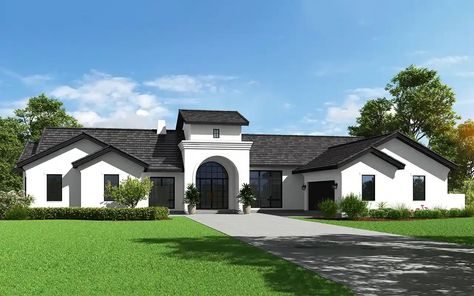 Contemporary House Plan - 4 Bedrooms, 4 Bath, 3628 Sq Ft Plan 59-261 Large Ranch House Plans, Modern Ranch House Plans, Exterior Stucco, Transitional House Plans, Modern Ranch House, Exposed Rafters, Dog Run, Exterior Rendering, Monster House Plans