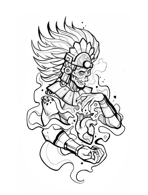 Mexican Drawings Ideas, Aztec Tattoo For Men, Michoacan Tattoo Ideas, Aztec Drawing Sketches, Aztec Art Tattoo, Maya Tattoo, Lowrider Drawings, Quetzalcoatl Tattoo, Aztec Drawing