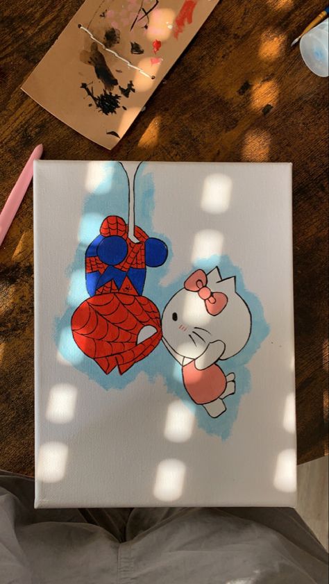 Canvas Painting For Boyfriend, Spiderman X Hello Kitty, Spiderman Canvas Painting, Spiderman Canvas, Halloween Canvas Paintings, Spiderman Painting, Painting Couple, Canvas Art Painting Acrylic, Disney Canvas Art