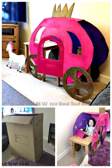 Cardboard Princess Carriage DIY - Red Ted Art - Make crafting with kids easy & fun Cinderella Carriage Diy Cardboard, Diy Princess Carriage Wagon, Princess Chair Diy, Princess Carriage Diy, Cardboard Carriage, Cardboard Box Crafts For Kids, Fairy Classroom, Box Crafts For Kids, Box Craft Ideas