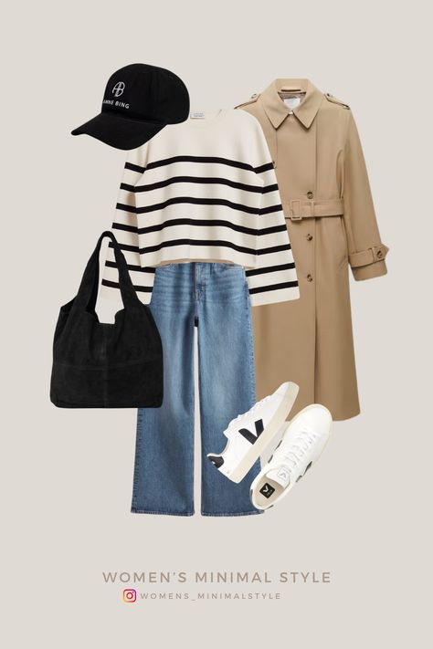 Veja Women Outfit, Veja Outfits, London Outfits Spring, Veja Sneakers Outfit, Sweater Trench Coat, Casual Trench Coat Outfit, Striped Sweater Outfit, Coat Outfit Casual, Spring Sweater Outfits