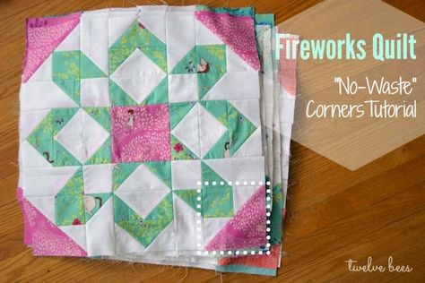 Fireworks Quilt No Waste Piecing Tutorial by Twelve Bees Fireworks Quilt Block, Fireworks Quilt Pattern Free, Fireworks Quilt, Rising Sun Quilt Block Pattern, Cleopatra's Fan Quilt Block Patterns, Exploding Pineapple Quilt Block, Homemade Fireworks, How To Draw Fireworks, How To Make Fireworks