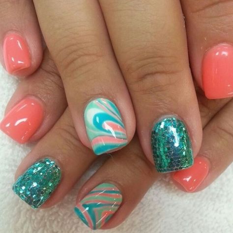 Unghie Nail Art, Turquoise Nails, Coral Nails, Fingernail Designs, Cute Spring Nails, Shellac Nails, Nails Summer, Inspirational Design, Nail Designs Spring