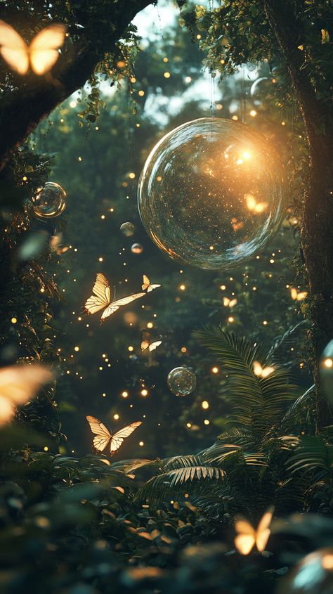 A mystical forest filled with floating glass orbs and luminescent plants, where golden butterflies dance in the twilight under a sky of swirling galaxies. Glowing Plants, Glowing Butterflies, Fantasy Gardens, Galaxy Sky, Ethereal Aesthetic, World Of Wonder, Mystical Forest, Fantasy World, In A World