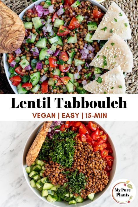 Lentil Tabbouleh, Tabbouleh Salad Recipe, Easiest Meals, Pickled Turnips, Tabbouleh Recipe, Canned Lentils, Vegan Feta Cheese, Tabbouleh Salad, 5 Ingredient Recipes