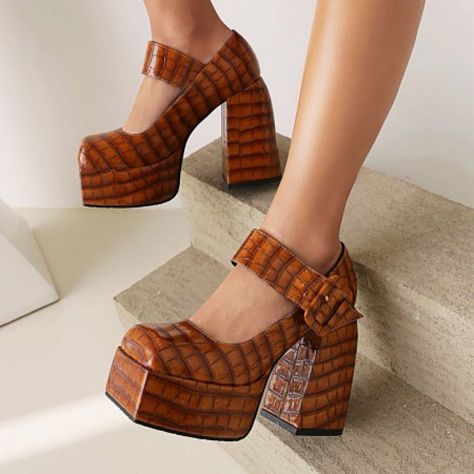 Crocodile Texture, Crop Pullover, Dr Shoes, Chunky Heel Pumps, Womens Chunky Heels, Platform Mary Janes, Square Toe Heels, Faux Leather Heels, Super High Heels