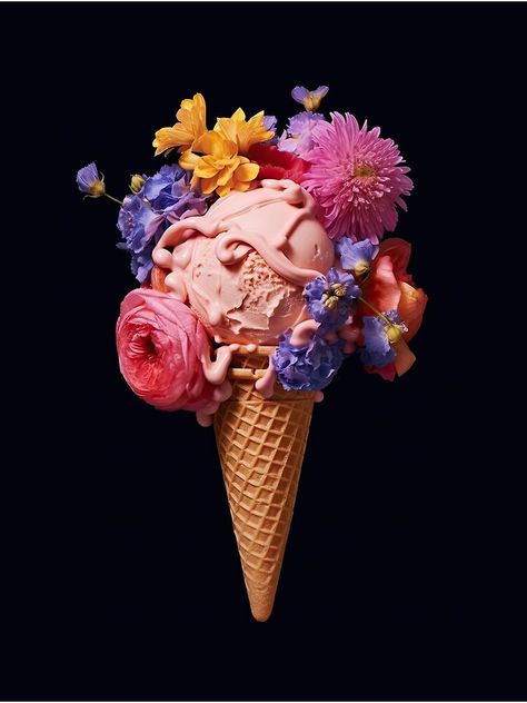 "Floral Ice Cream" Art Print for Sale by MajesticBeasts | Redbubble Ice Cream Artwork, Ice Cream Photography Creative, Marketing Assignment, Floral Food, Black Ice Cream, Ice Cream Photography, Floral Ice, Ice Cream Art, Ice Cream Design