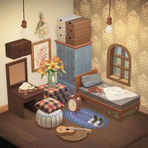 Acnh Small House Interior, Acnh Tangy House, Animal Crossing Hhp Ideas, Acnh Sloppy Room, Acnh Goldie House, Acnh First Room Ideas, Acnh Outside Home Ideas, Animal Crossing Art Studio, Main Room Acnh